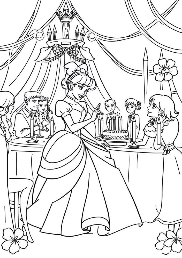 Páginas para colorir do aniversário de Cinderela com festa