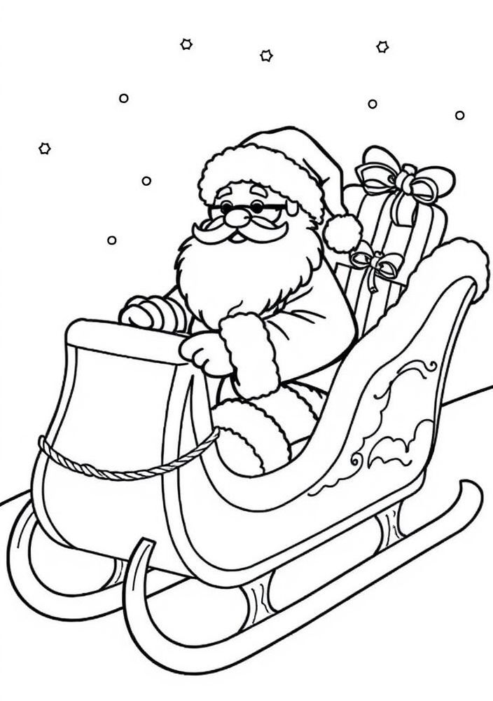 Papai Noel andando em um trenó com presentes para colorir