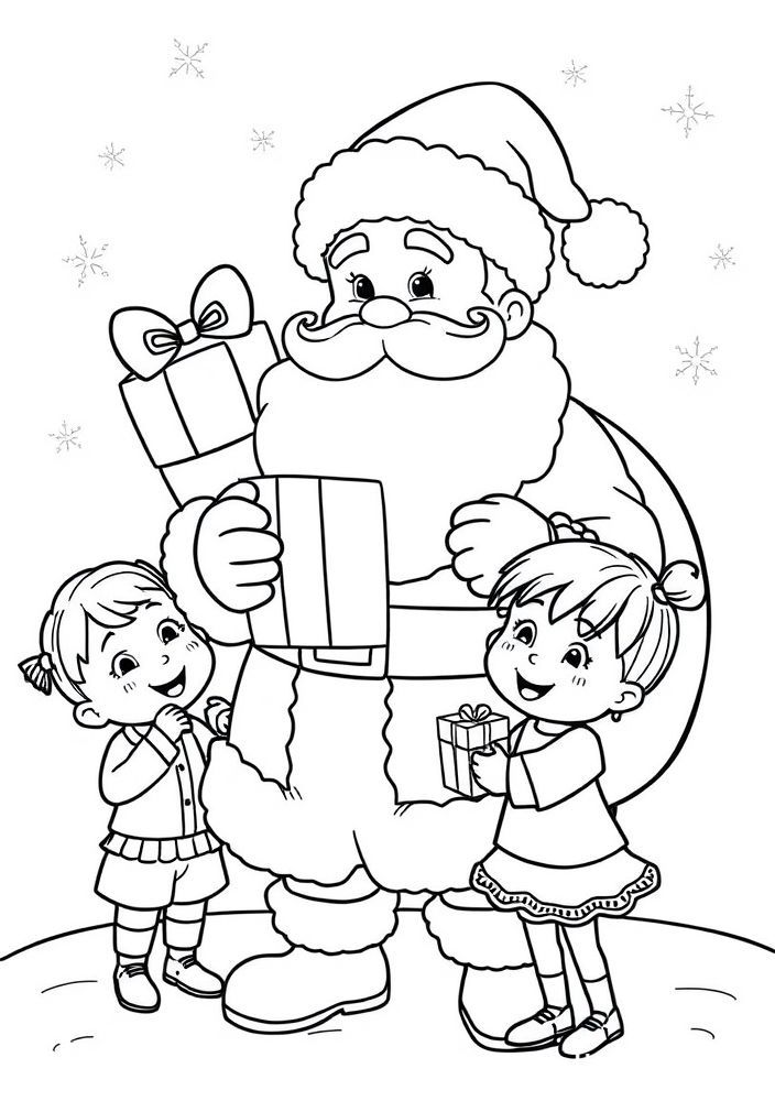 Papai Noel dando presentes a crianças felizes para colorir