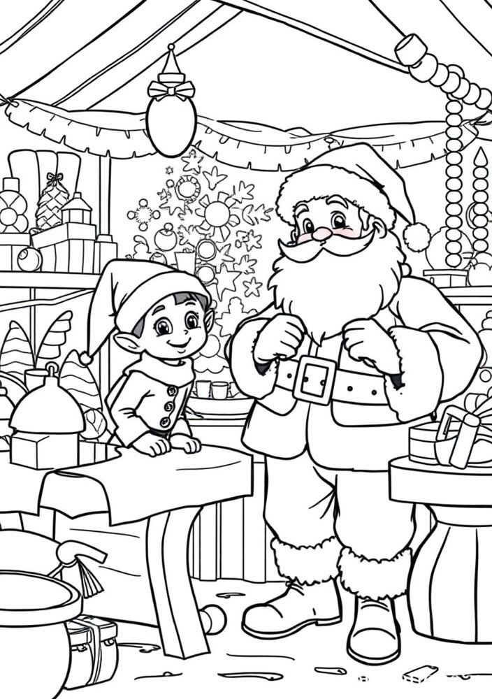 Papai Noel e um elfo trabalhando na oficina para colorir