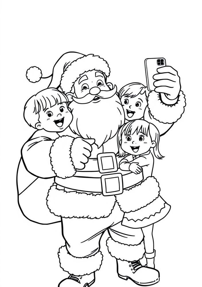 Papai Noel fazendo uma selfie com crianças para colorir