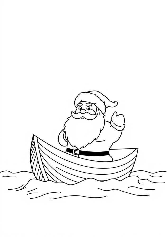 Papai Noel navegando com um barco de papel para colorir