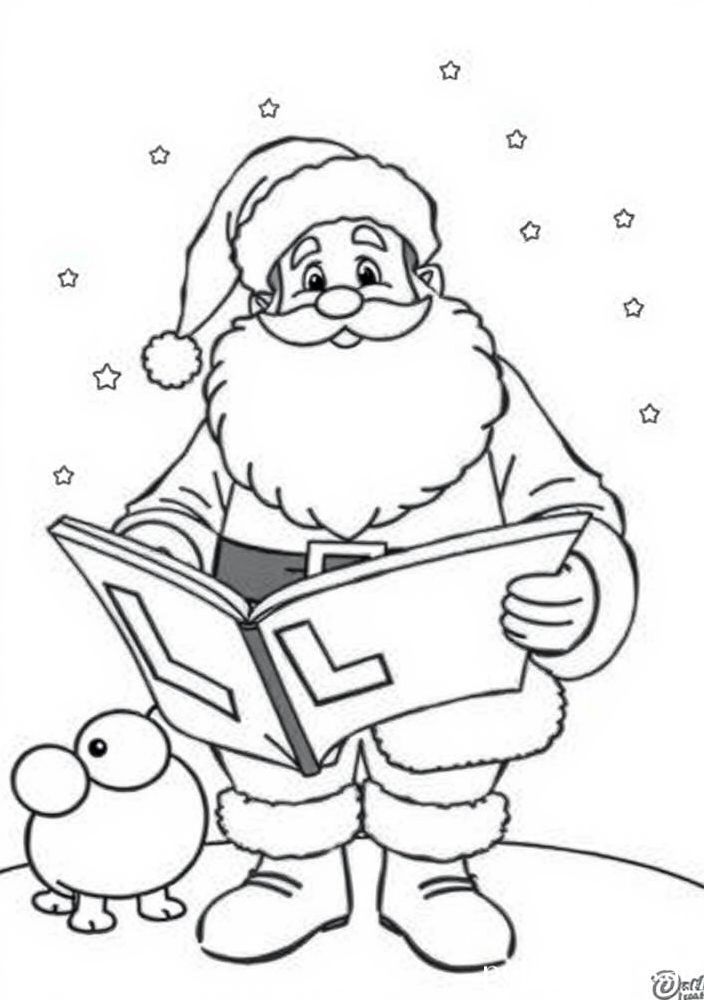 Papai Noel sentado lendo cartas de crianças para colorir