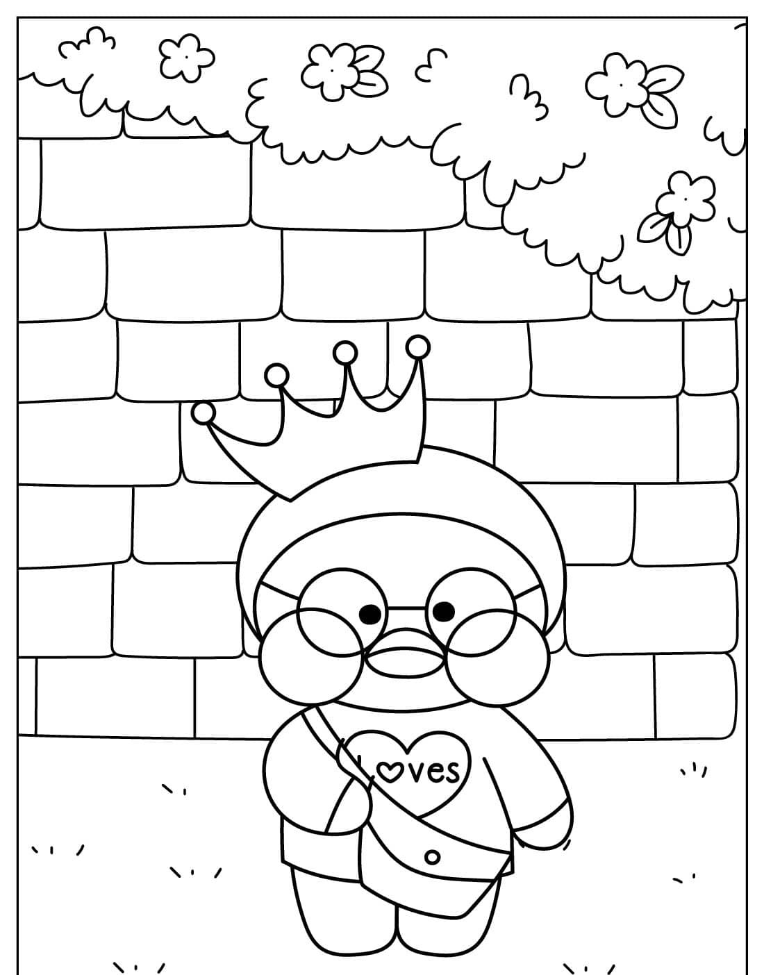 Paper Duck com coroa e óculos em frente a parede