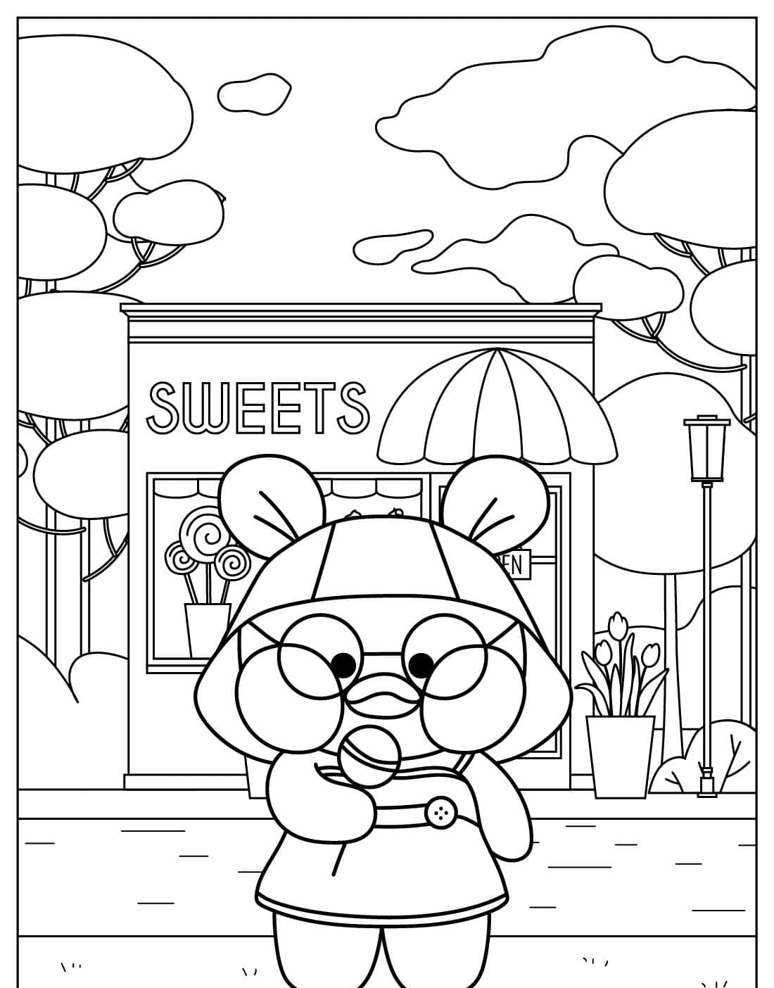 Desenho Paper Duck com óculos e doce em frente à loja de doces para colorir