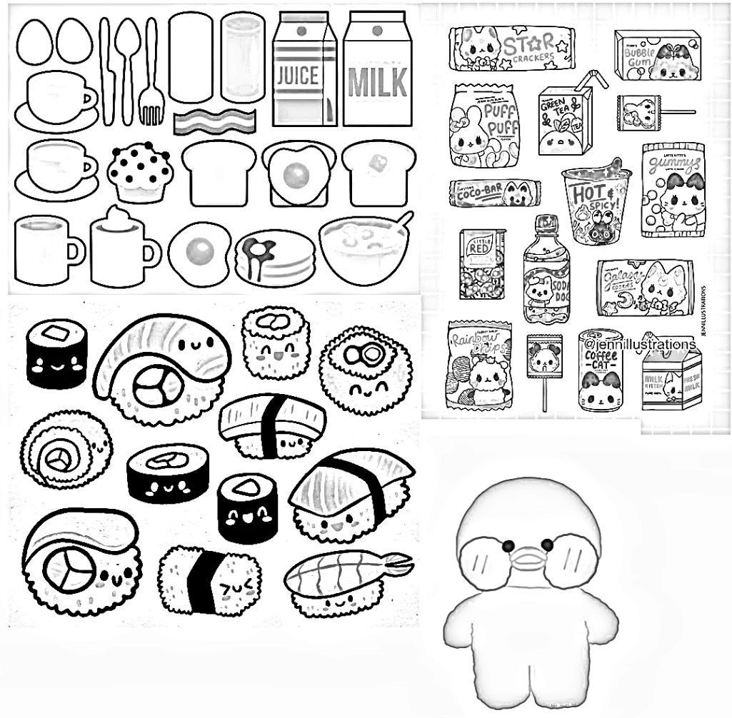 Desenhos Paper Duck: comida kawaii, doces, sushi e pato com óculos.
