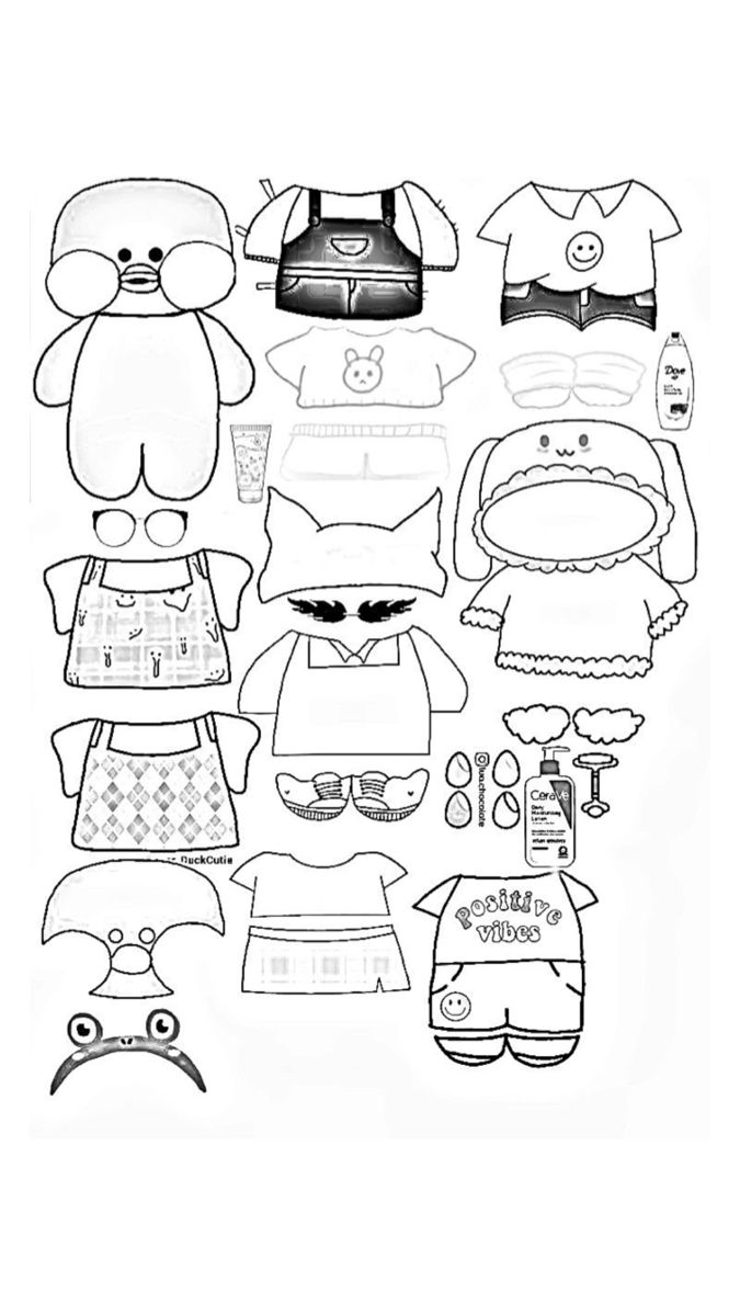 Paper Duck para colorir e recortar com roupas e acessórios diversos.