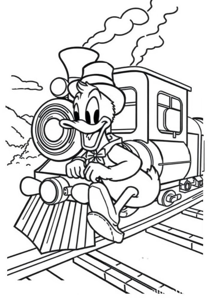 Pato Donald fazendo uma viagem de trem para colorir