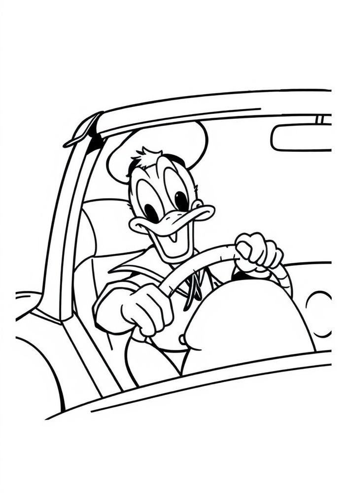 Pato Donald viajando de carro para colorir