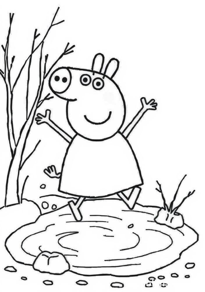 Peppa Pig pulando em poças de lama para colorir