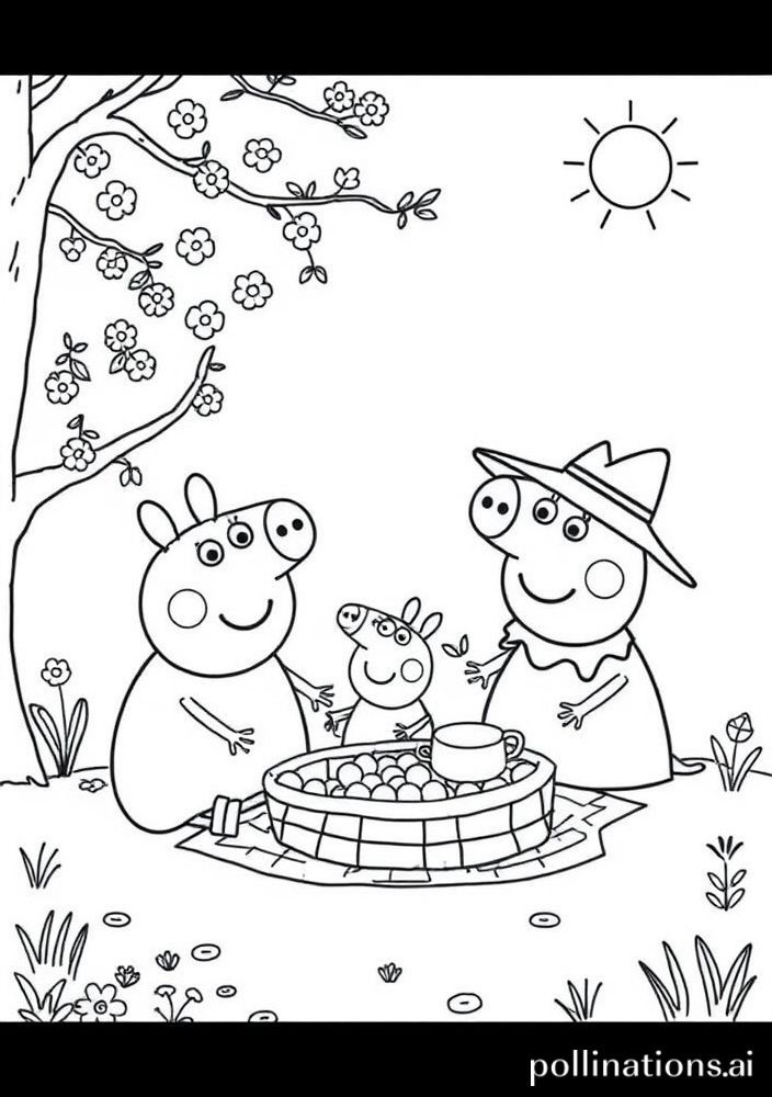 Peppa e seus amigos fazendo um picnic para colorir