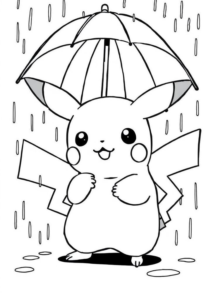 Pikachu com um guarda-chuva em um dia chuvoso para colorir