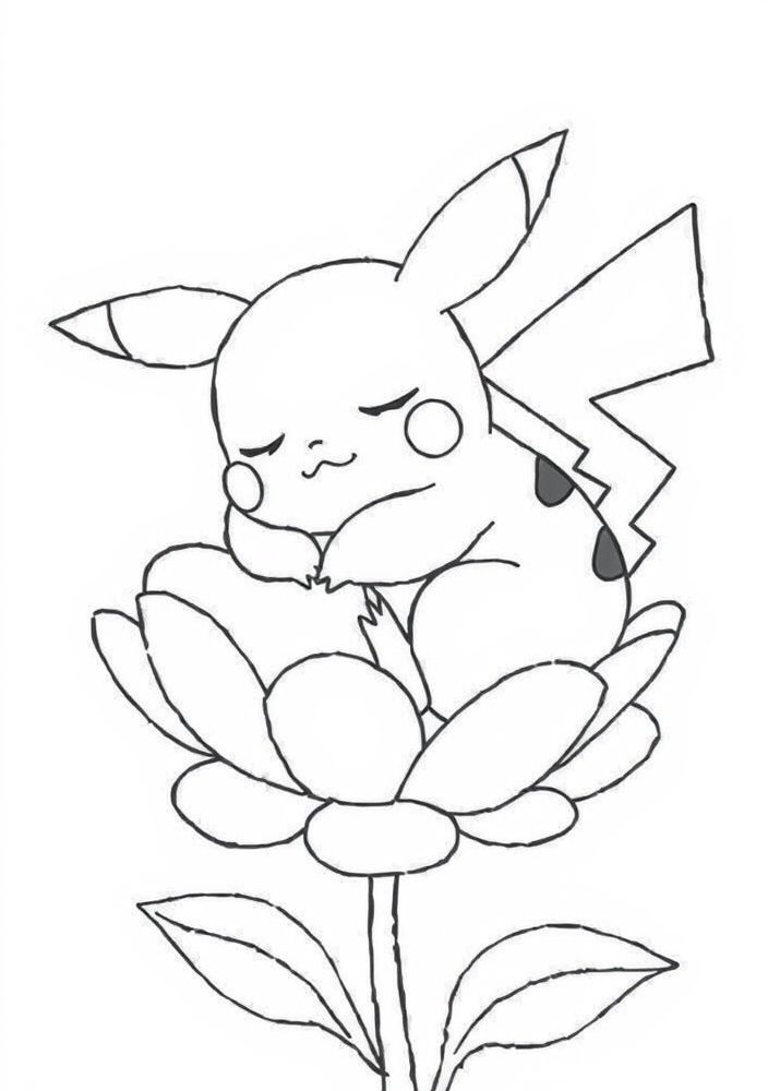 Pikachu dormindo em uma flor para colorir