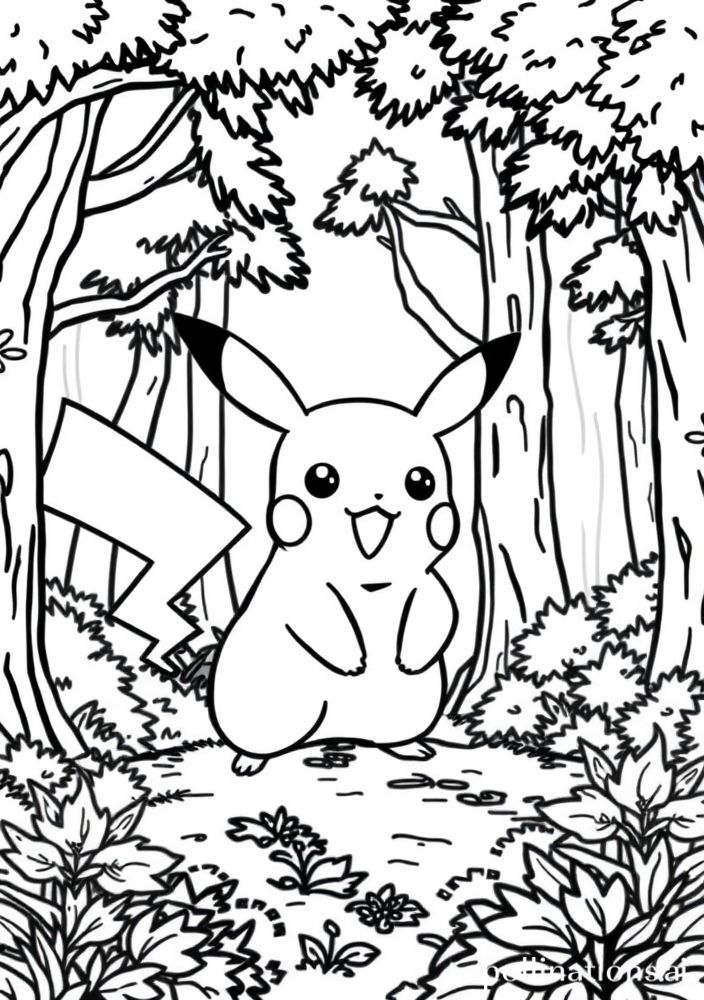 Pikachu em um cenário de floresta para colorir