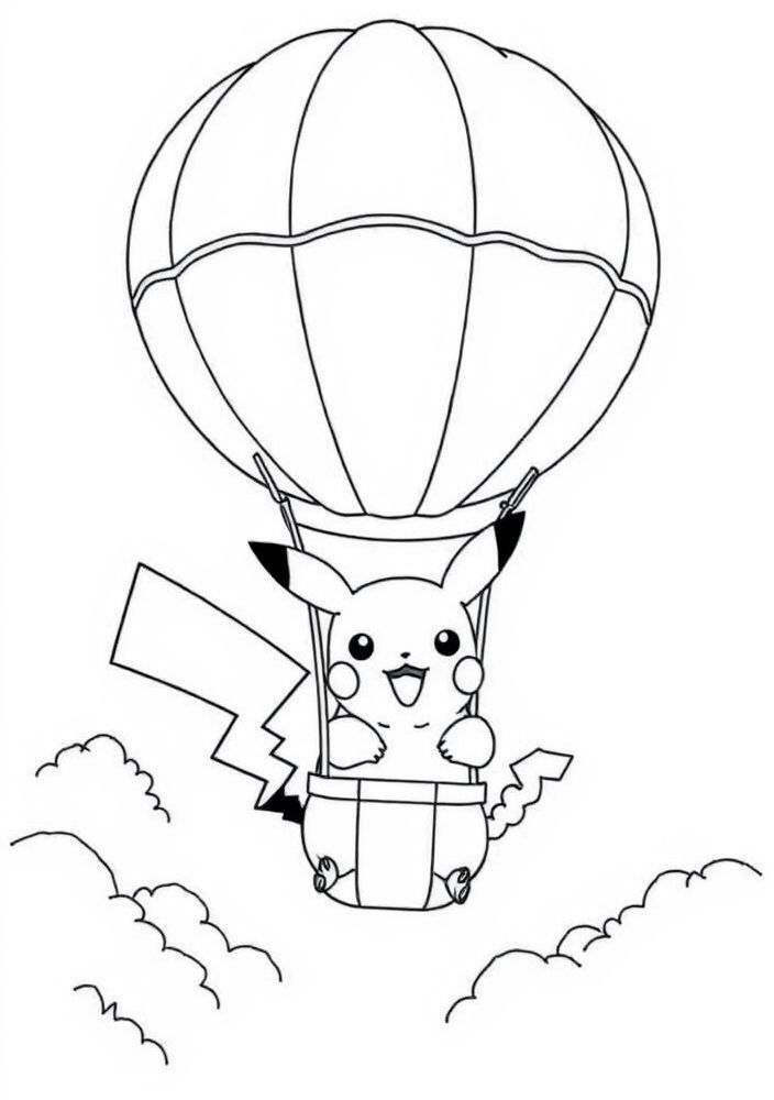Pikachu em um passeio de balão para colorir