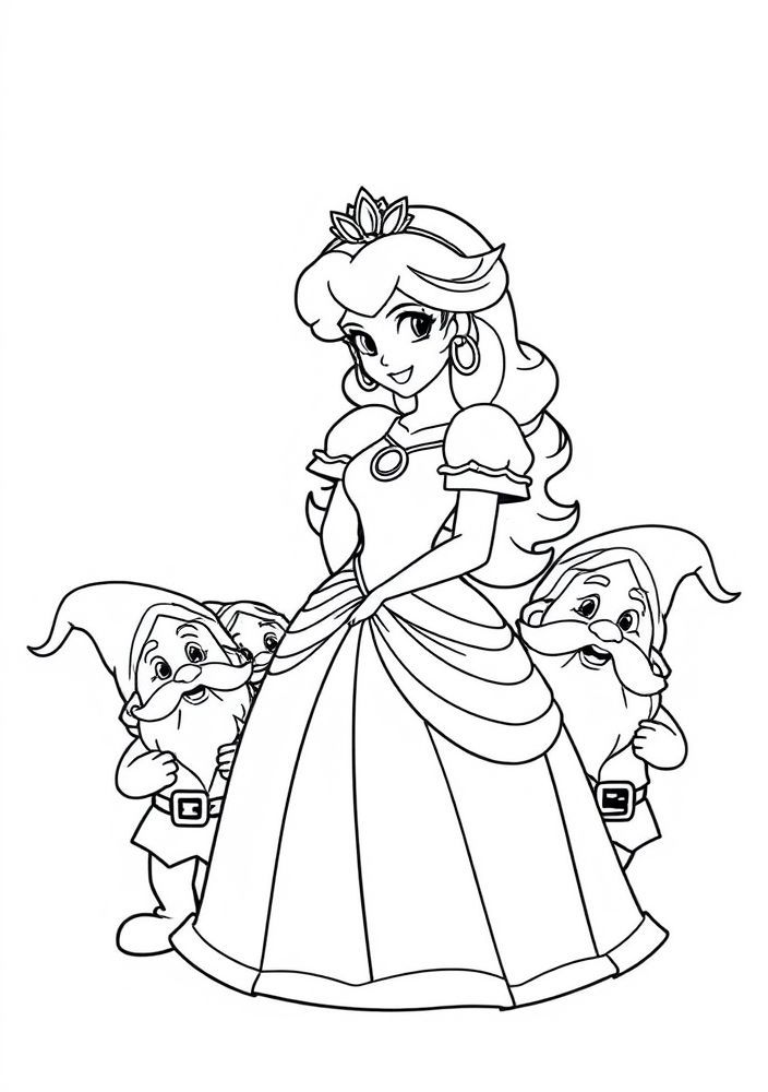 Princesa Peach e os 7 anões para colorir