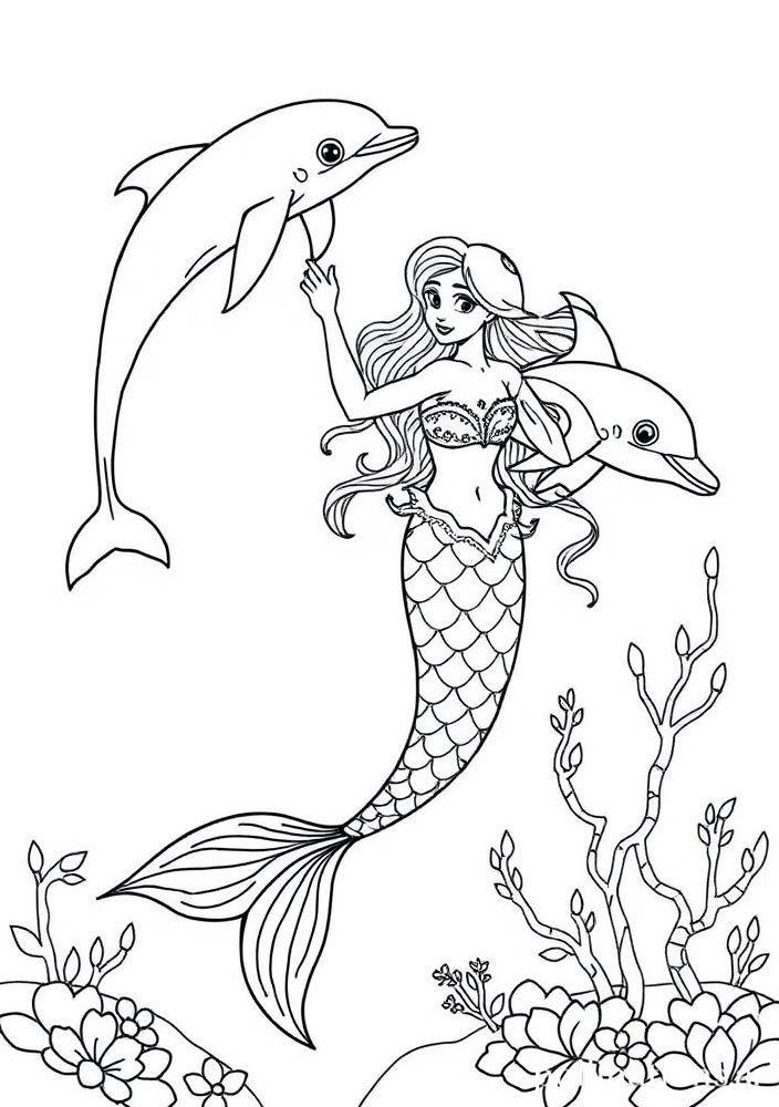 Sereia Brincando com Golfinhos para colorir