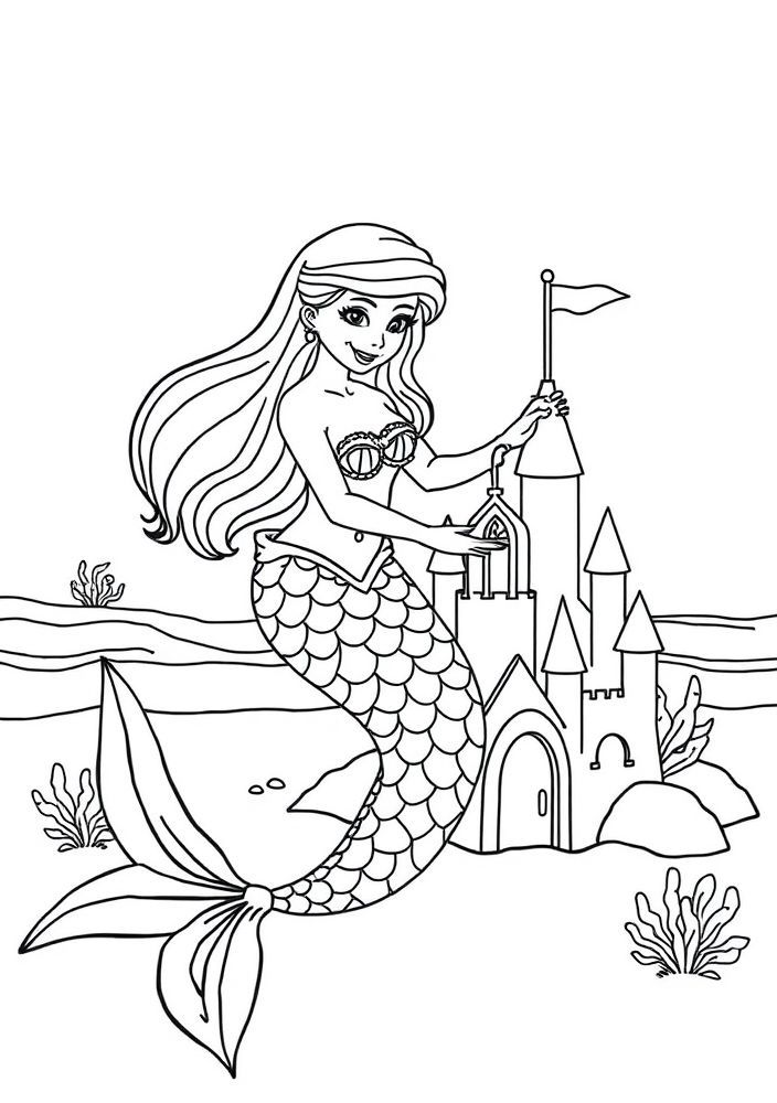 Sereia Criando Bolo de Areia na Praia para colorir
