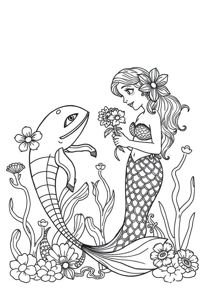 Sereia Entregando Flores para outros Seres Marinhos para colorir