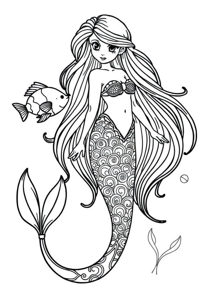 Sereia com Cabelos Longos e Peixes Coloridos para colorir