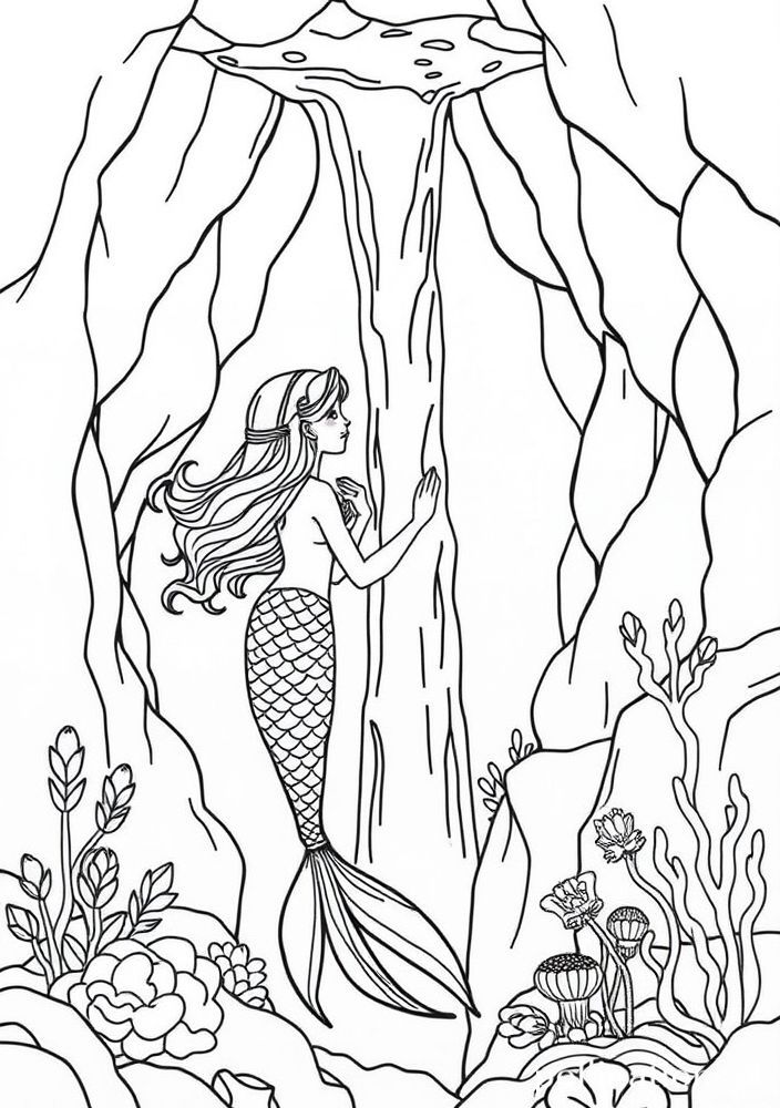 Sereia e Cascata Subaquática para colorir