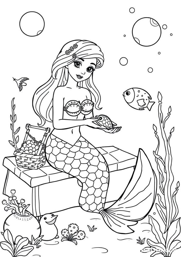 Sereia e Peixes em um Piquenique Subaquático para colorir