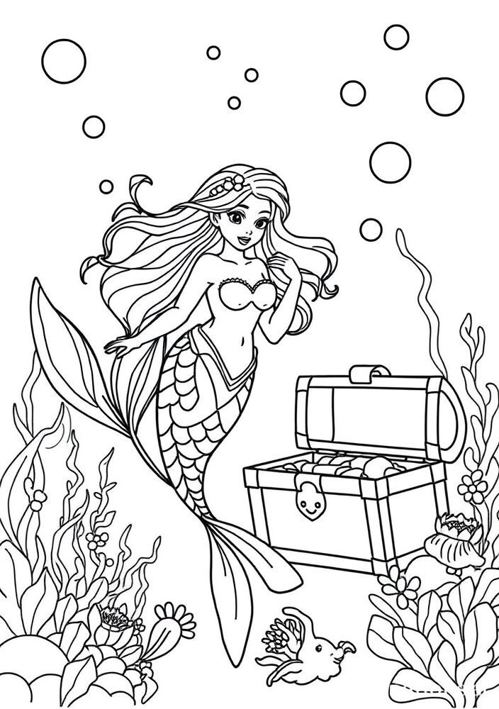 Sereia e seu Tesouro no Fundo do Mar para colorir