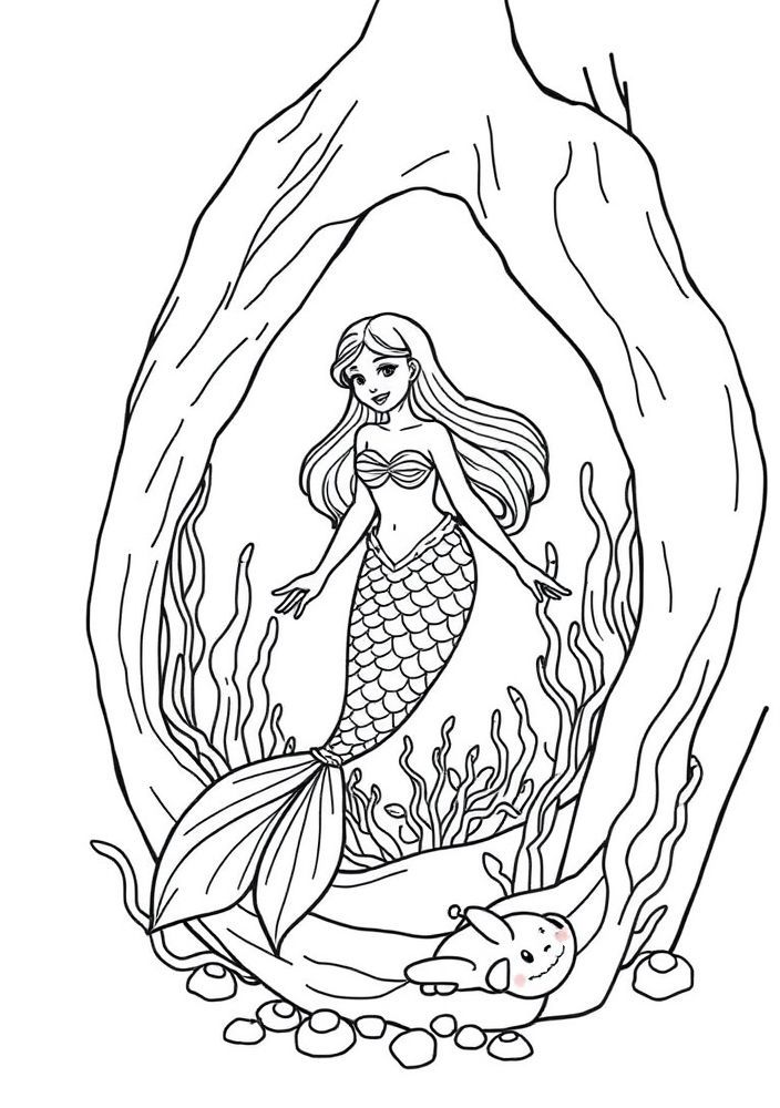 Sereia em um Recanto de Algas para colorir