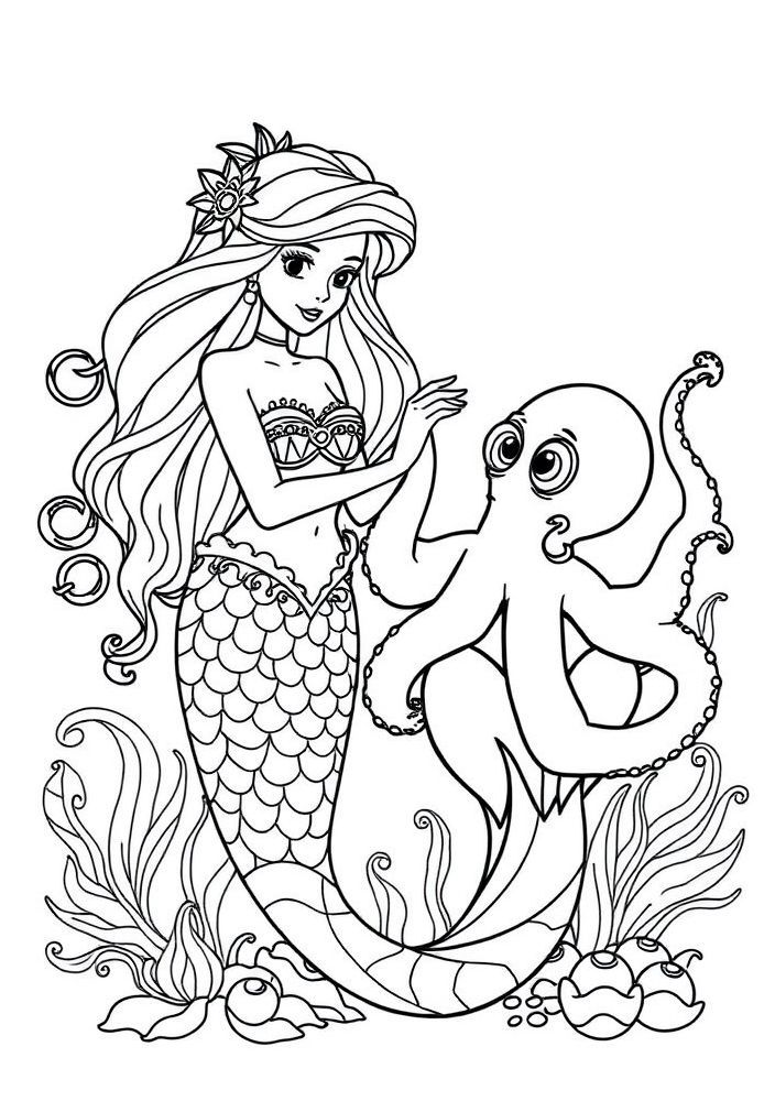 Sereia fazendo um Amigo Polvo para colorir