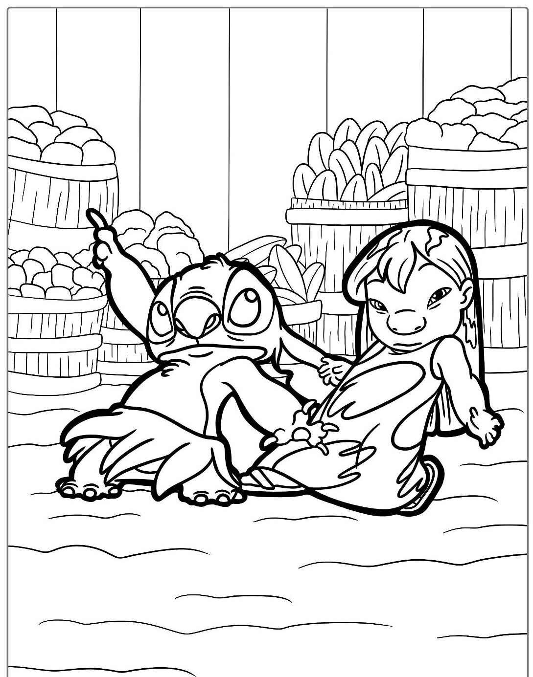 Desenho do Stitch e Lilo no mercado fazendo compras para colorir