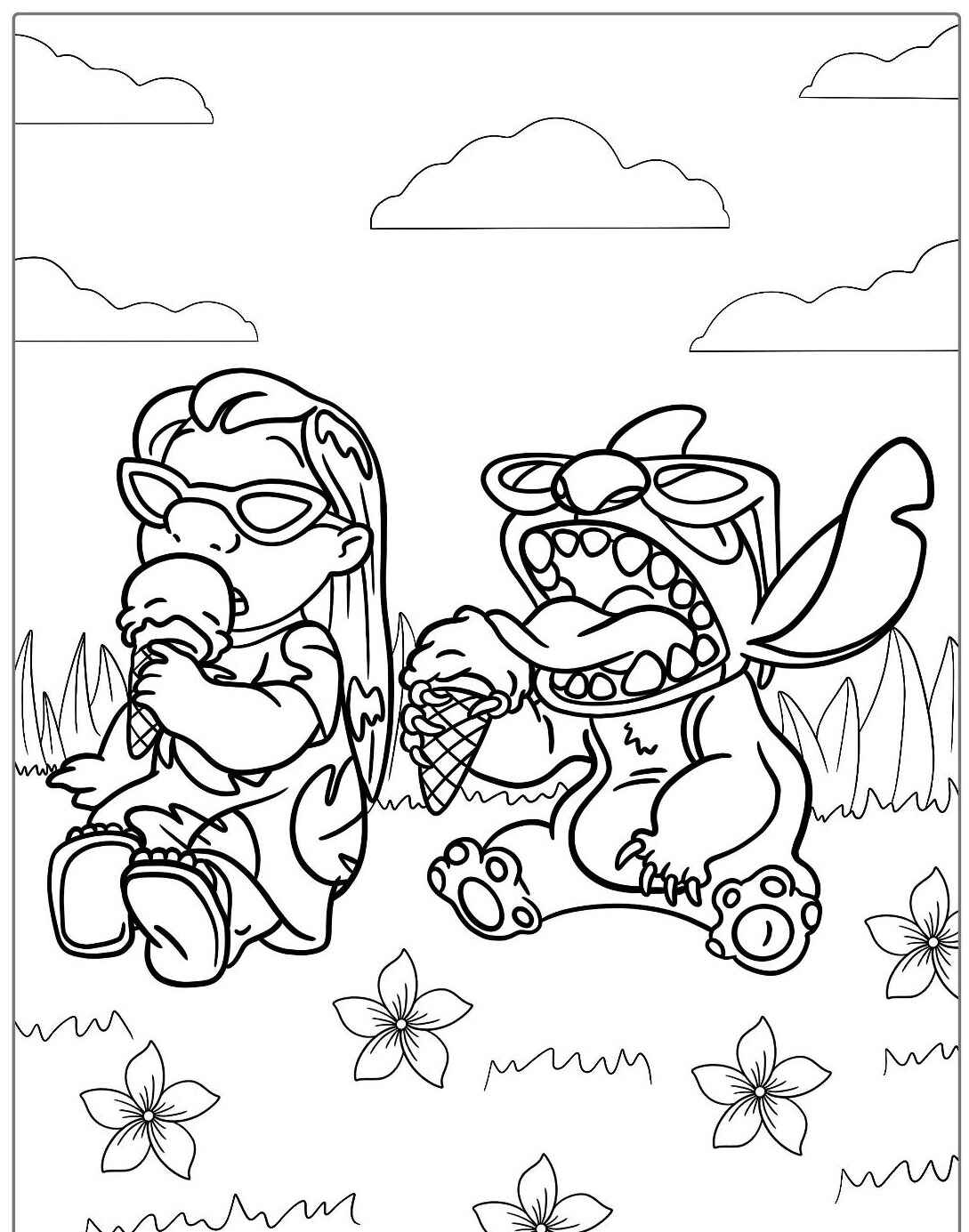 Desenho do Stitch e Lilo comendo sorvete em dia ensolarado para colorir