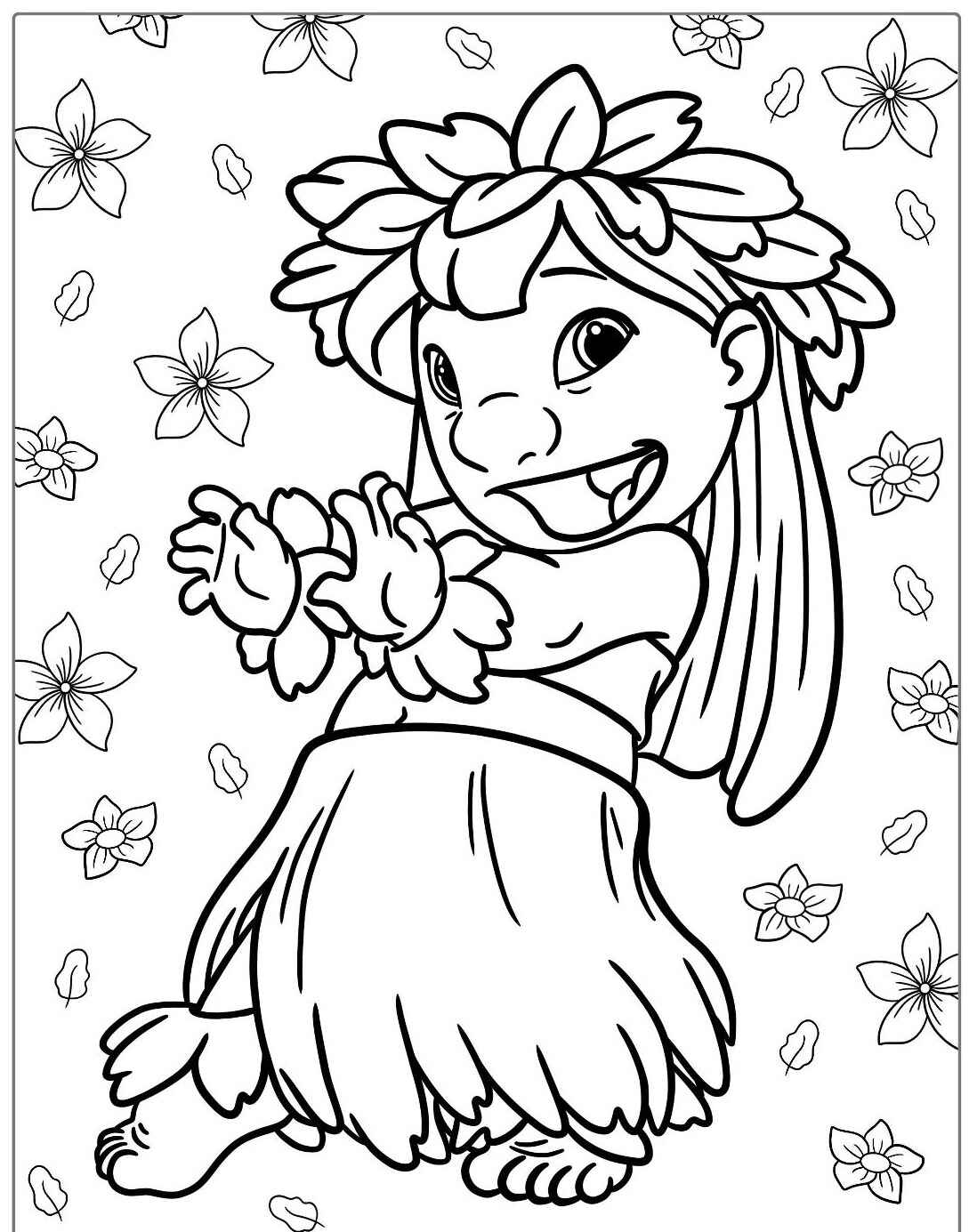 Desenho da Lilo dançando hula com saia de folhas