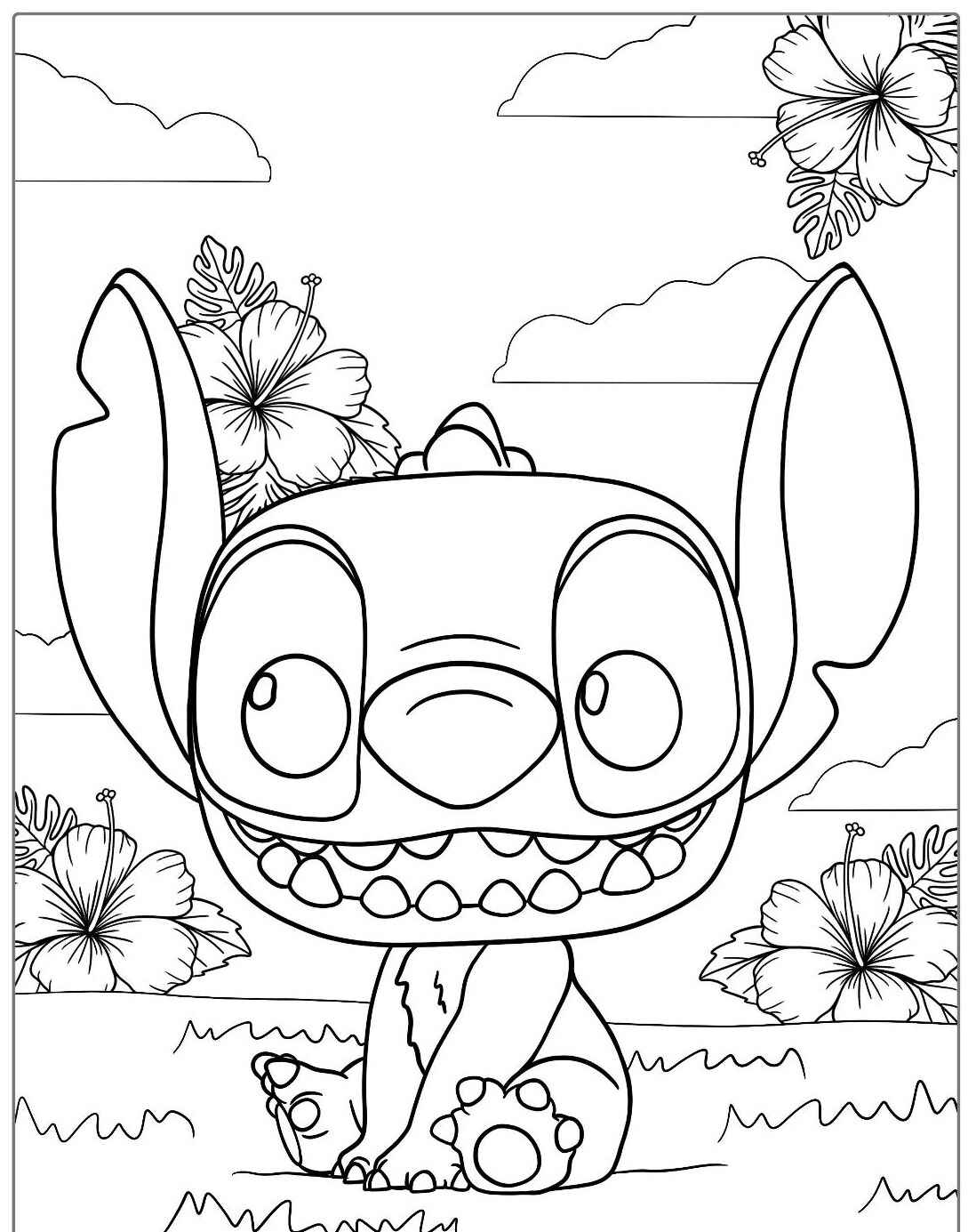 Desenho do Stitch sorrindo cercado de flores para imprimir