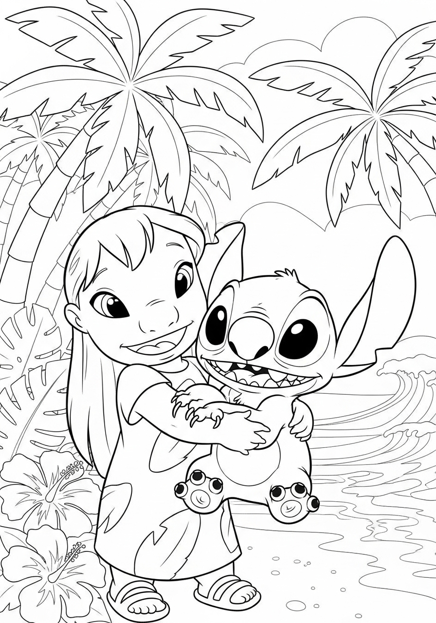Desenho de Lilo abraçando Stitch na praia tropical