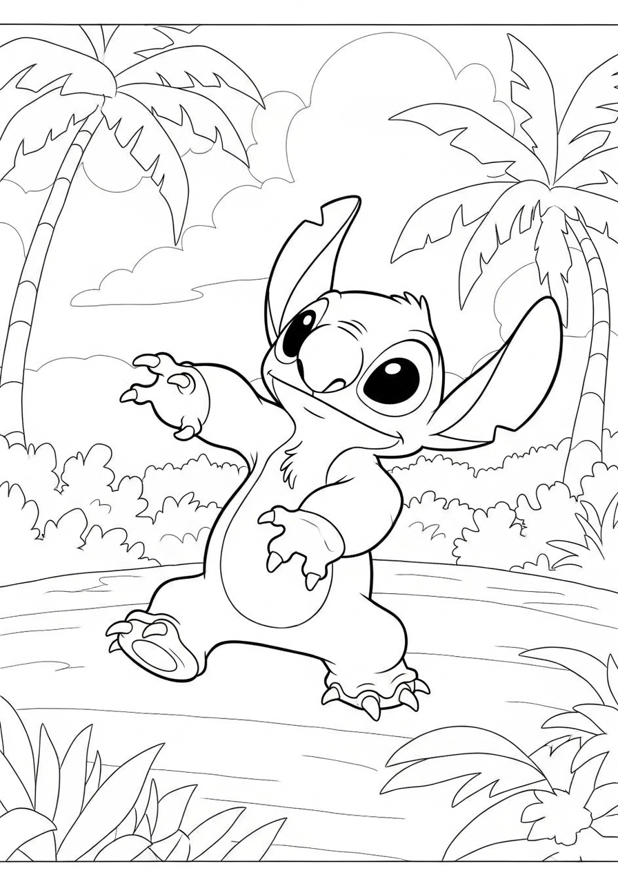Desenho do Stitch dançando na praia com coqueiros para colorir