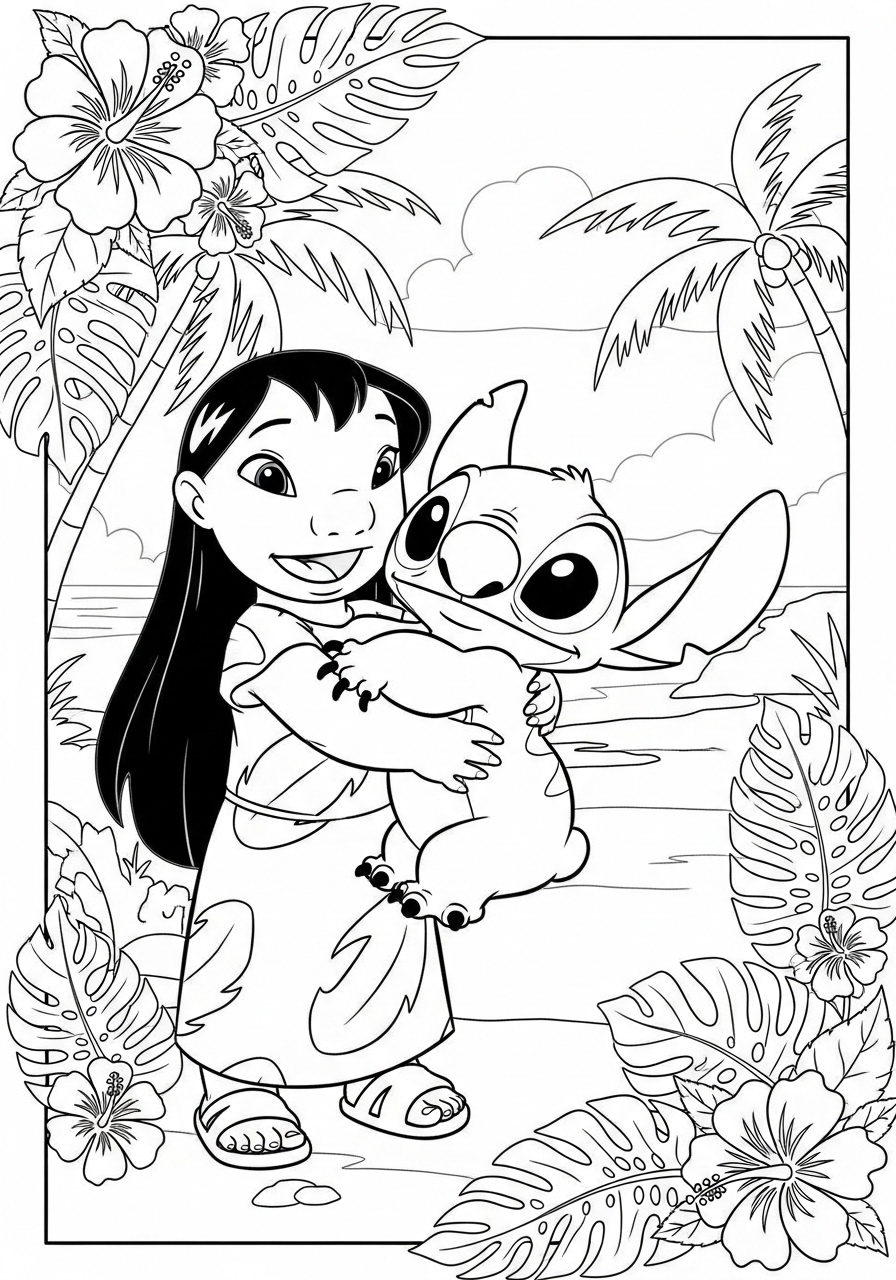 Desenho da Lilo abraçando o Stitch na praia com coqueiros
