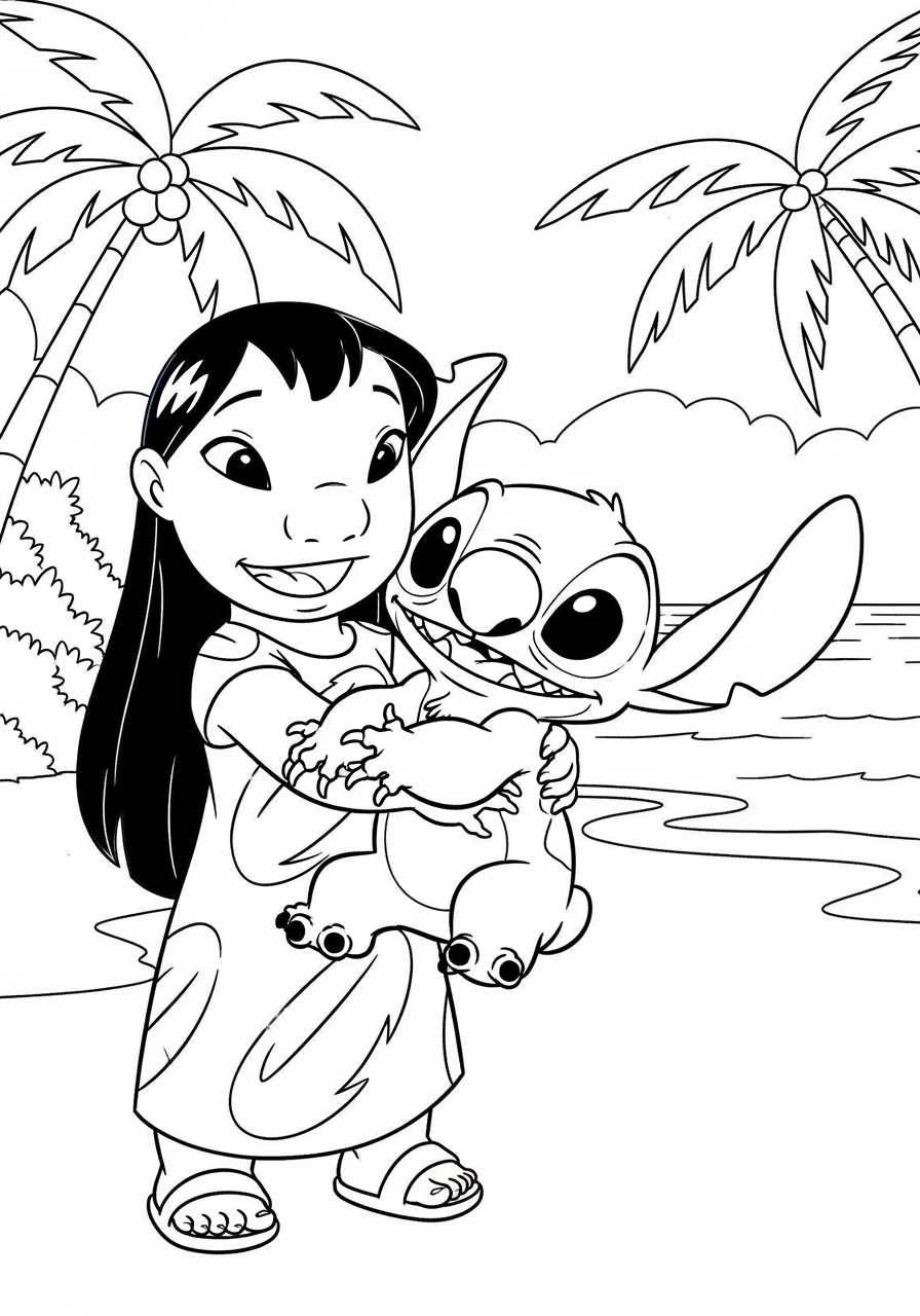 Desenho de Lilo abraçando Stitch na praia para colorir