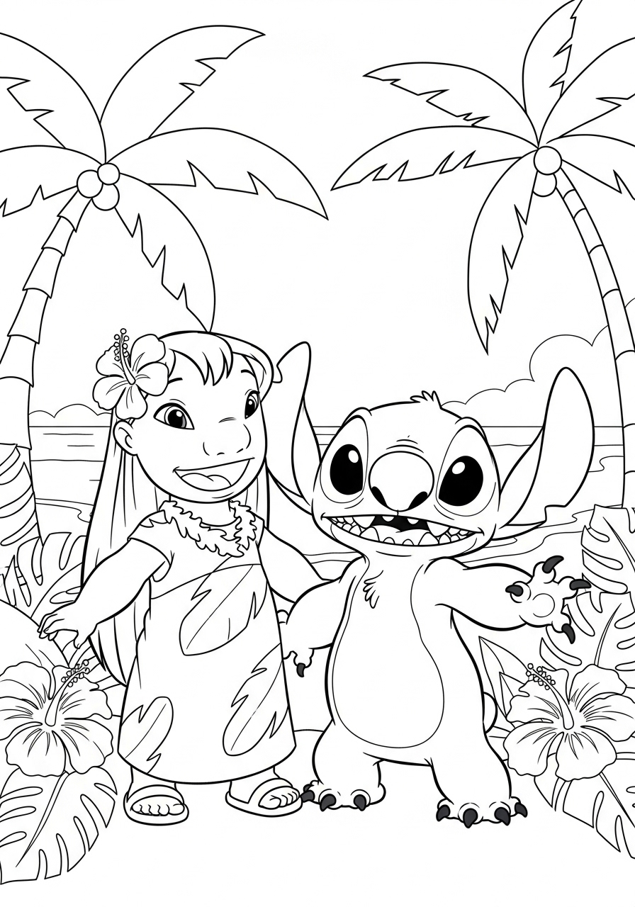 Desenhos de Lilo e Stitch na praia com coqueiros para colorir e imprimir
