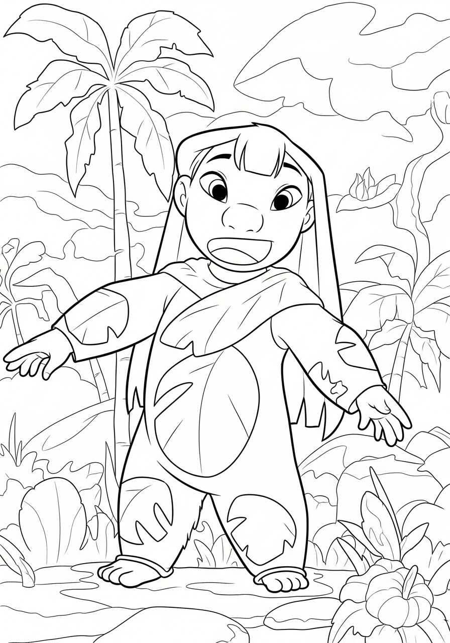 Desenho de Lilo na selva para colorir com palmeiras e plantas
