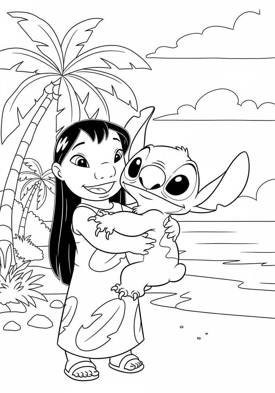 Lilo abraçando Stitch na praia para imprimir e colorir
