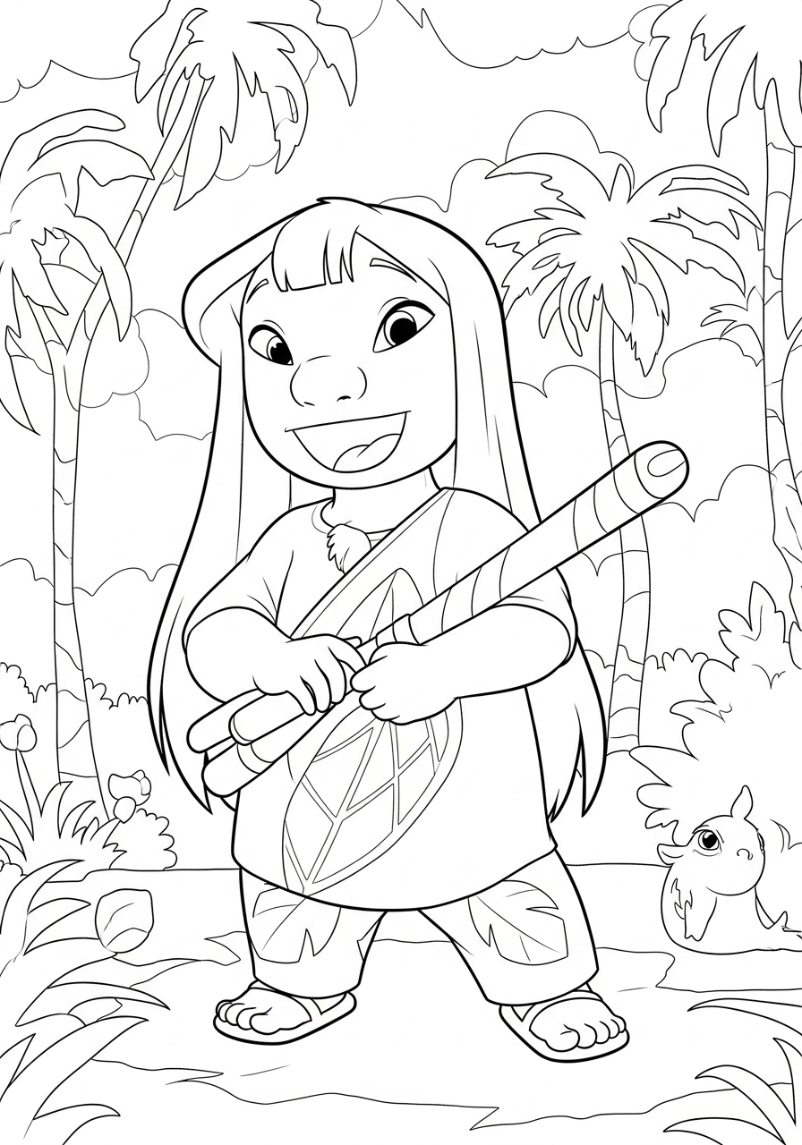 Desenho da Lilo com bastão de bambu na floresta tropical