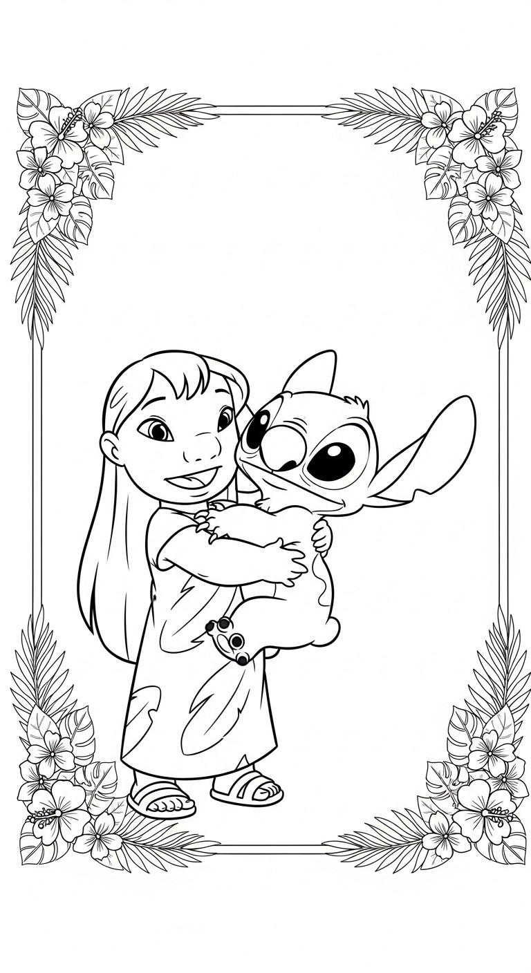 Desenho da Lilo abraçando o Stitch com moldura floral para colorir
