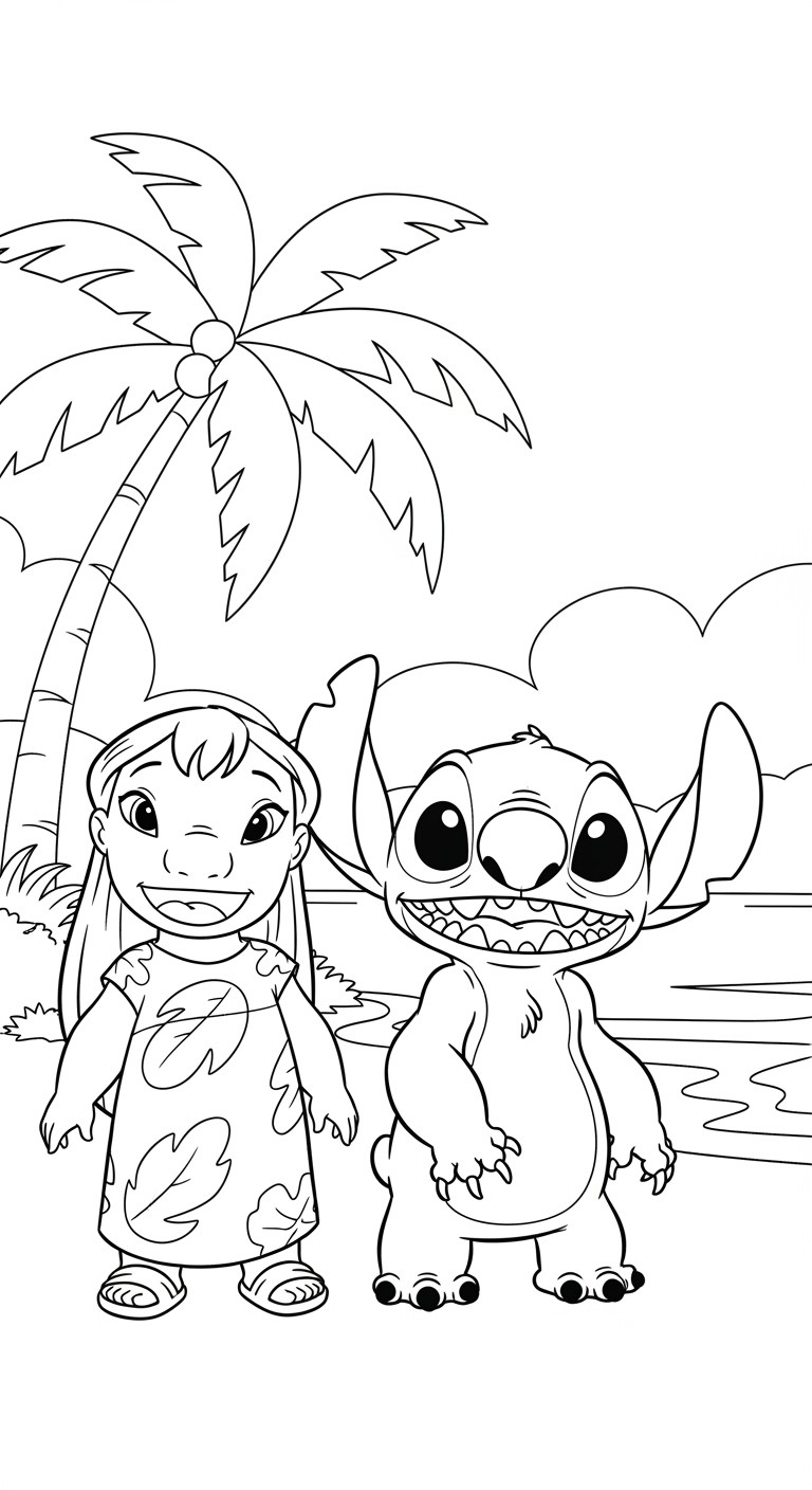 Desenho de Lilo e Stitch na praia tropical para colorir
