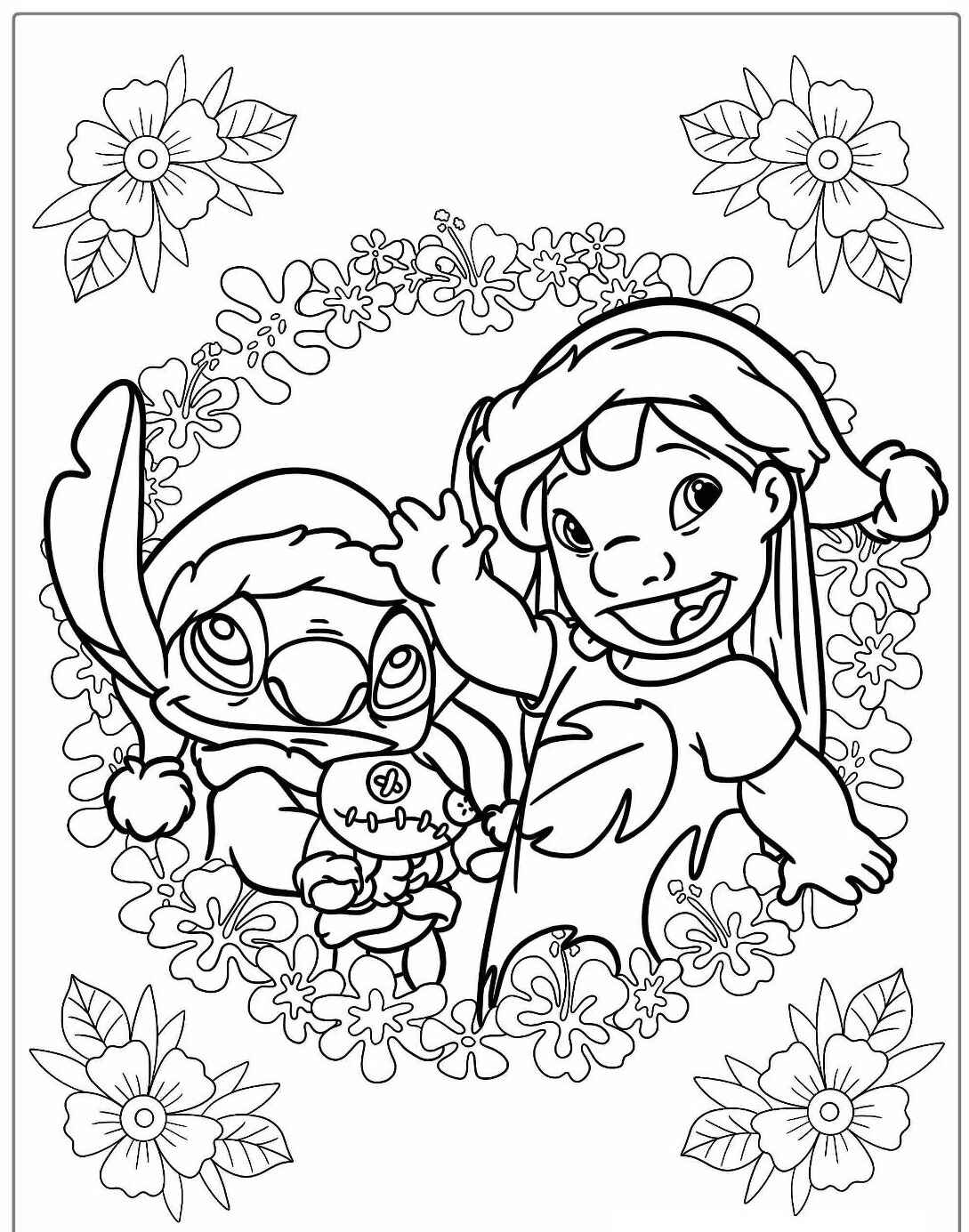 Desenhos de Lilo e Stitch com gorros de natal e flores
