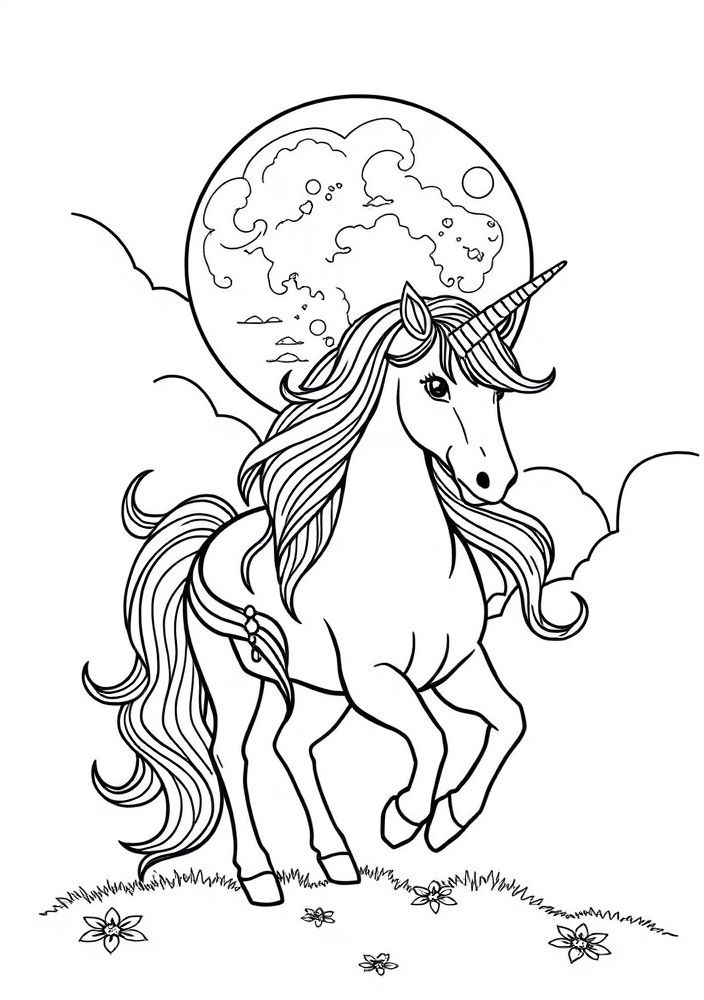 Unicórnio e a lua cheia para colorir
