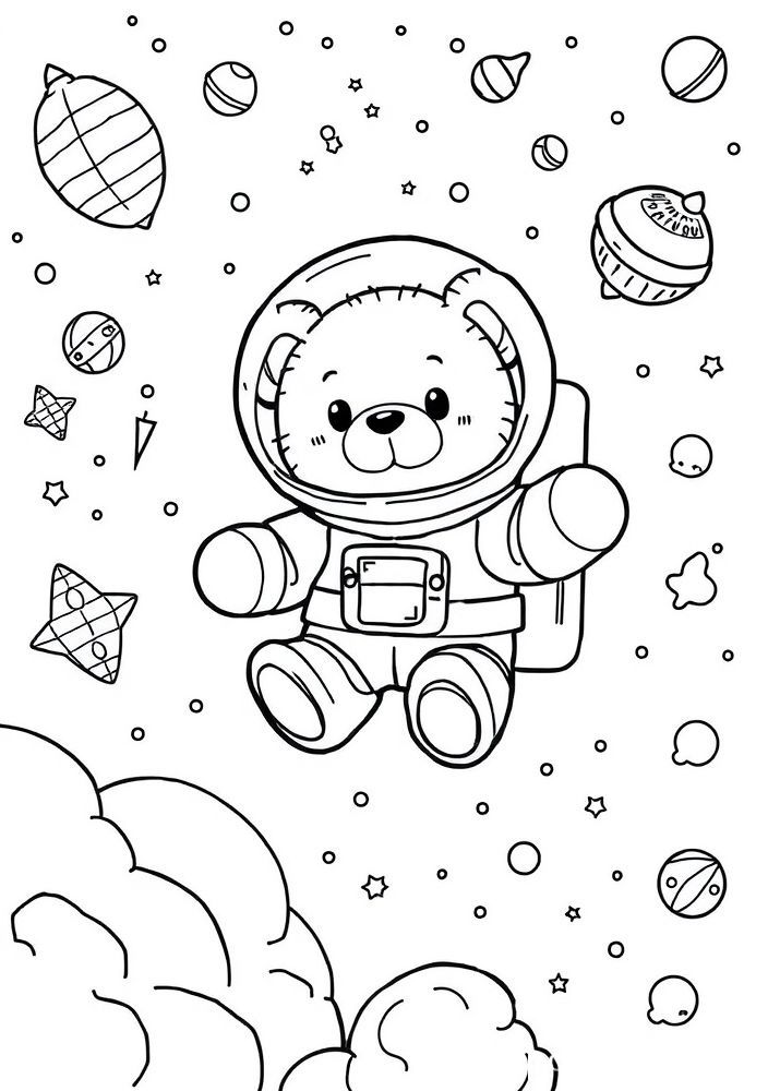 Ursinho astronauta explorando o espaço para colorir