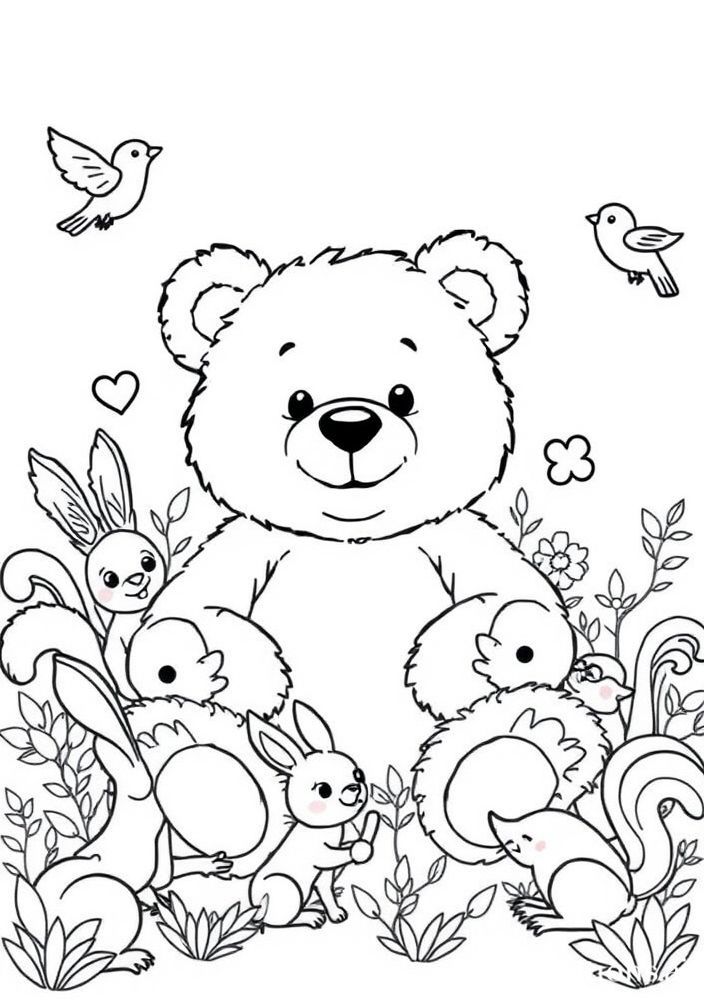 Ursinho brincando com animales para colorir