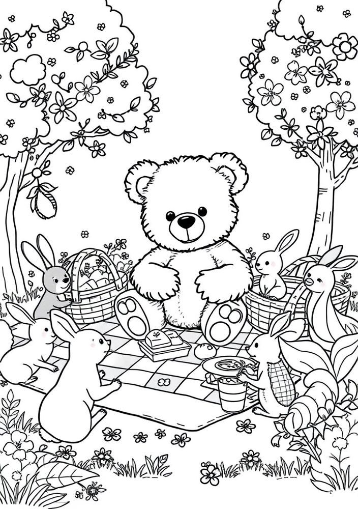 Ursinho com amigos no piquenique para colorir