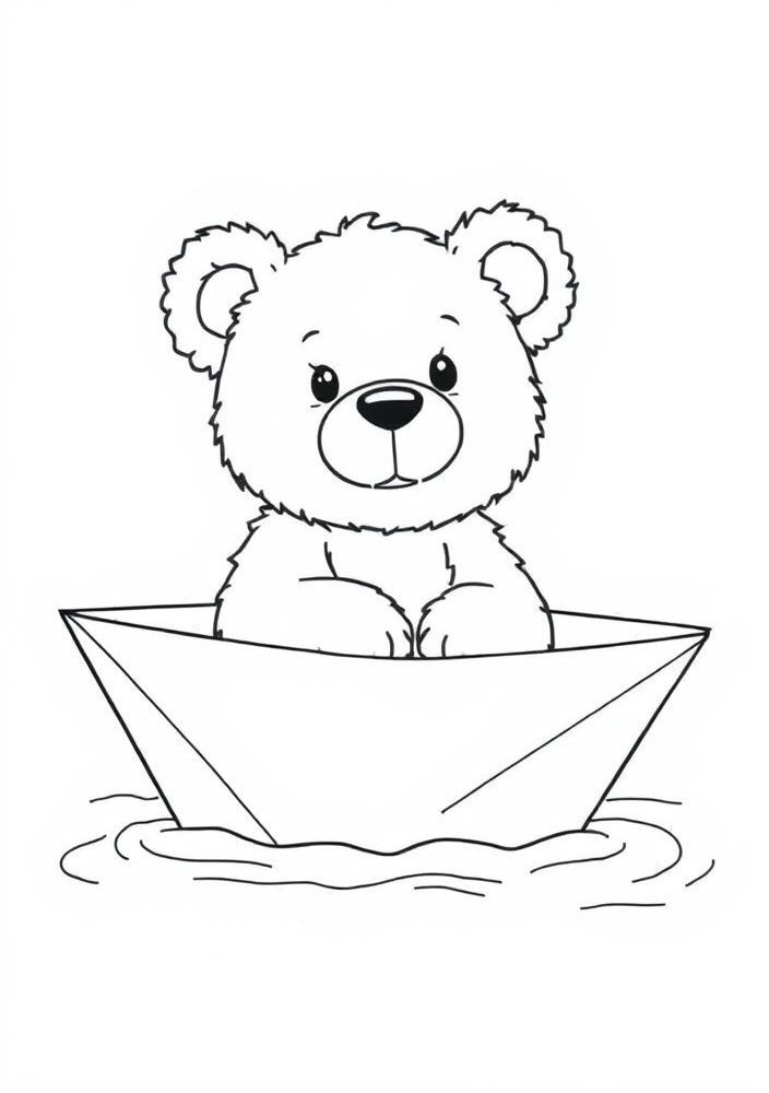 Ursinho em um barco de papel para colorir