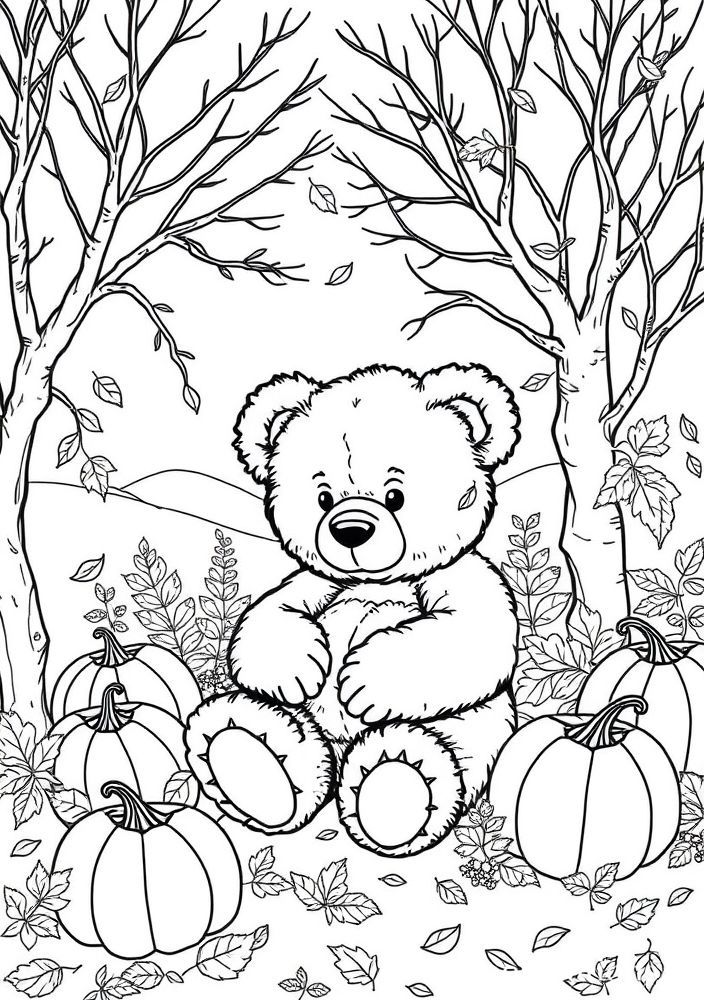 Ursinho em um cenário de outono para colorir
